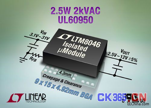 照片说明：经过 UL60950 认证的 2kVAC、2.5W 隔离式 µModule 转换器
