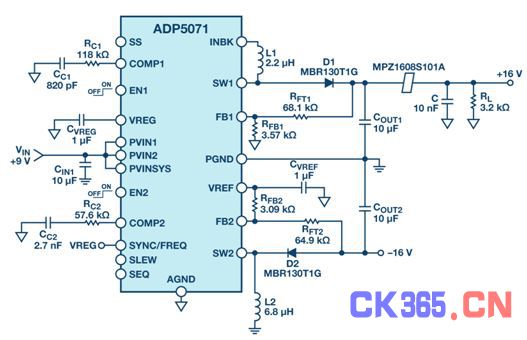 图5. ADP5071 应用电路（带磁珠和电容低通滤波器，部署在正 输出端）