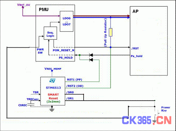 采用STM6513的单键开／关机和复位的智能方案1